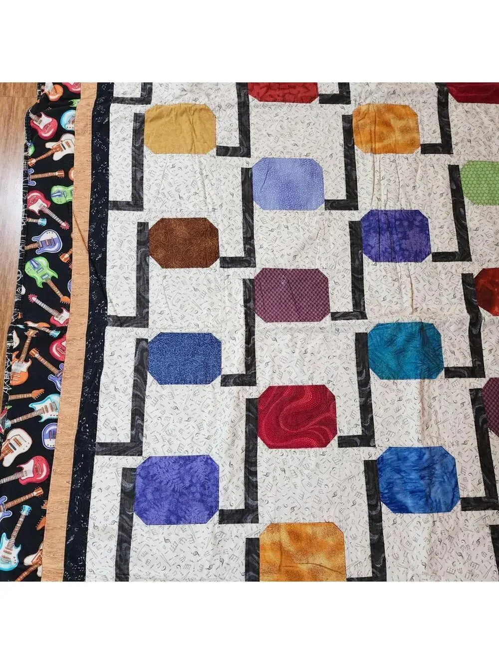 Colorful Handmade Quilt with Musical Guitar Border 60 x 86 Inch